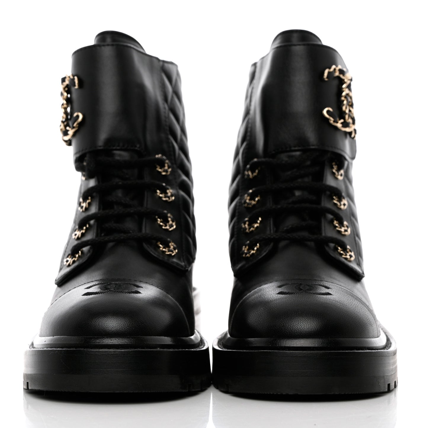 Shiny Lambskin Quilted Lace Up Combat Boots 38.5 Black