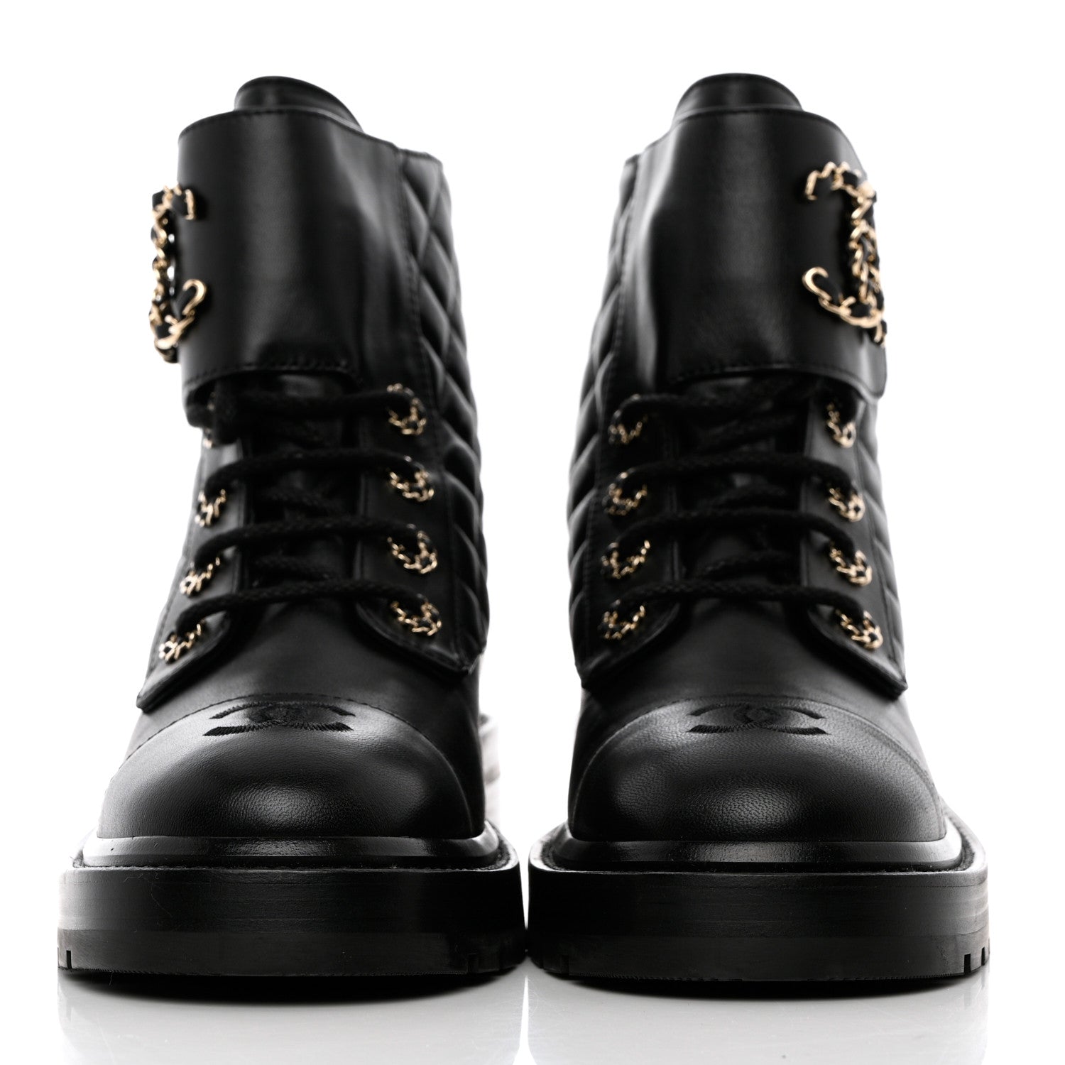 Chanel Shiny Lambskin Quilted Lace Up Combat Boots 38.5 Black 2 of 12