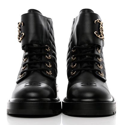 Chanel Shiny Lambskin Quilted Lace Up Combat Boots 38.5 Black 2 of 12