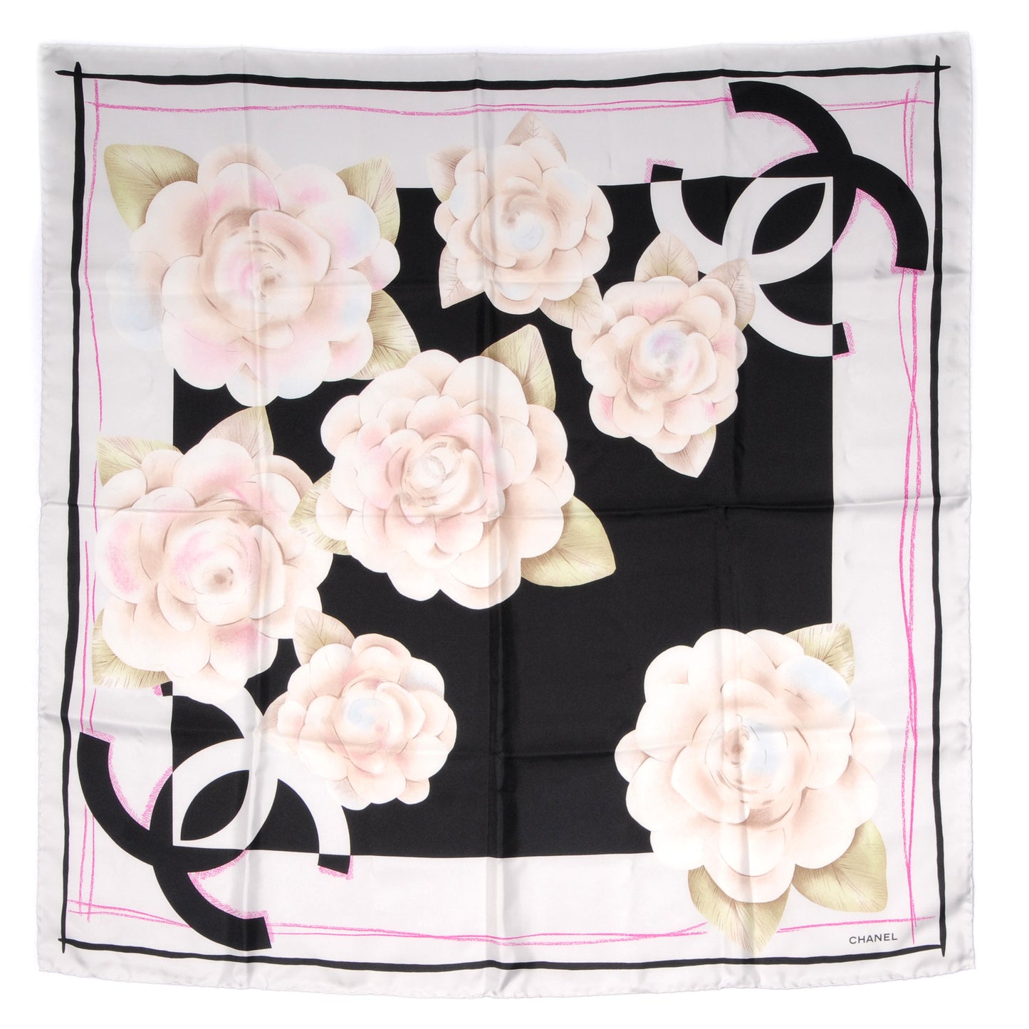 Silk Camellia Flower Scarf Black Beige