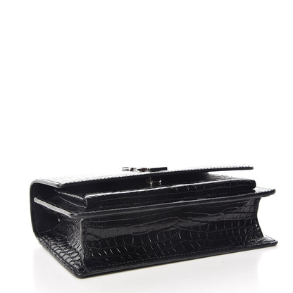 Saint Laurent Calfskin Crocodile Embossed Monogram Sunset Chain Wallet Black 4 of 9