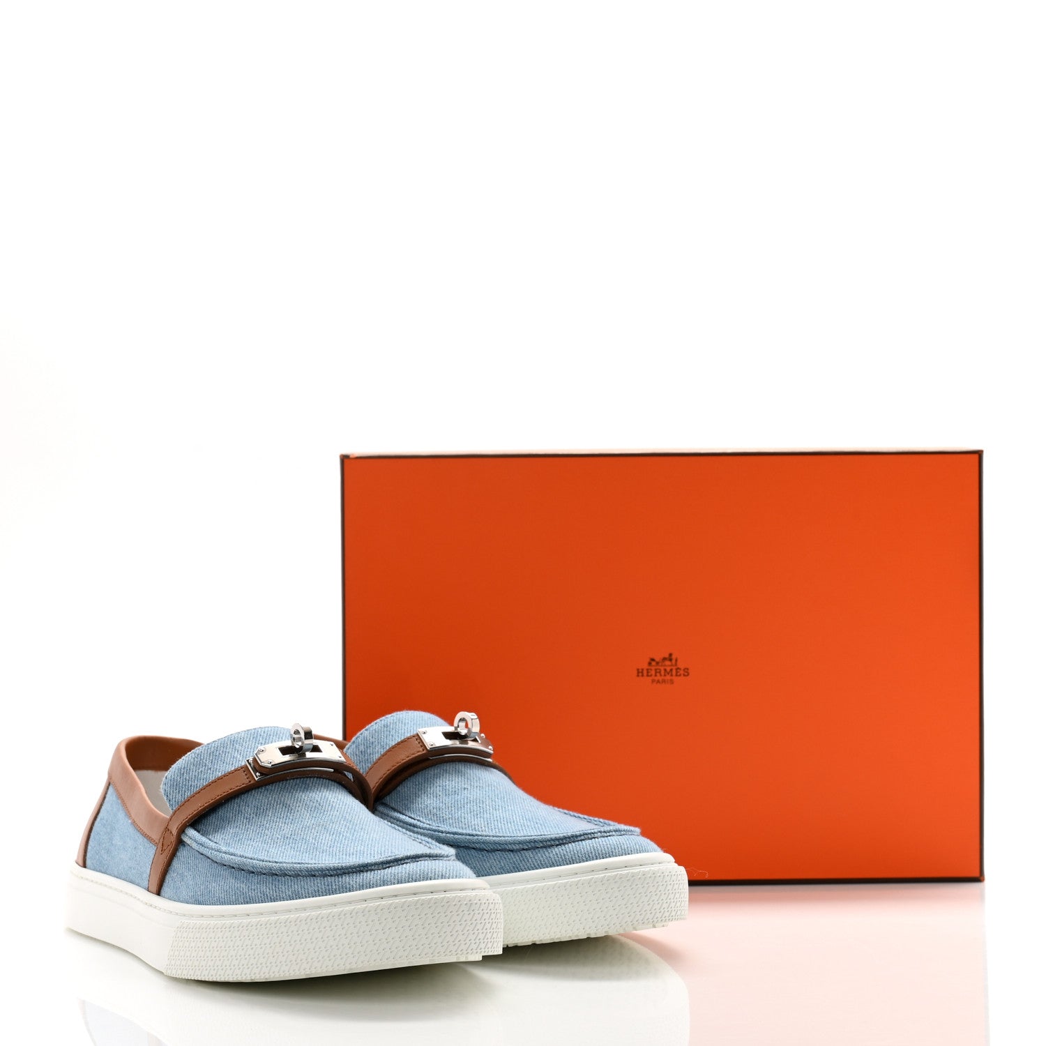 Hermes Denim Calfskin Womens Game Slip On Sneakers 39 Bleu Clair Gold 13 of 13