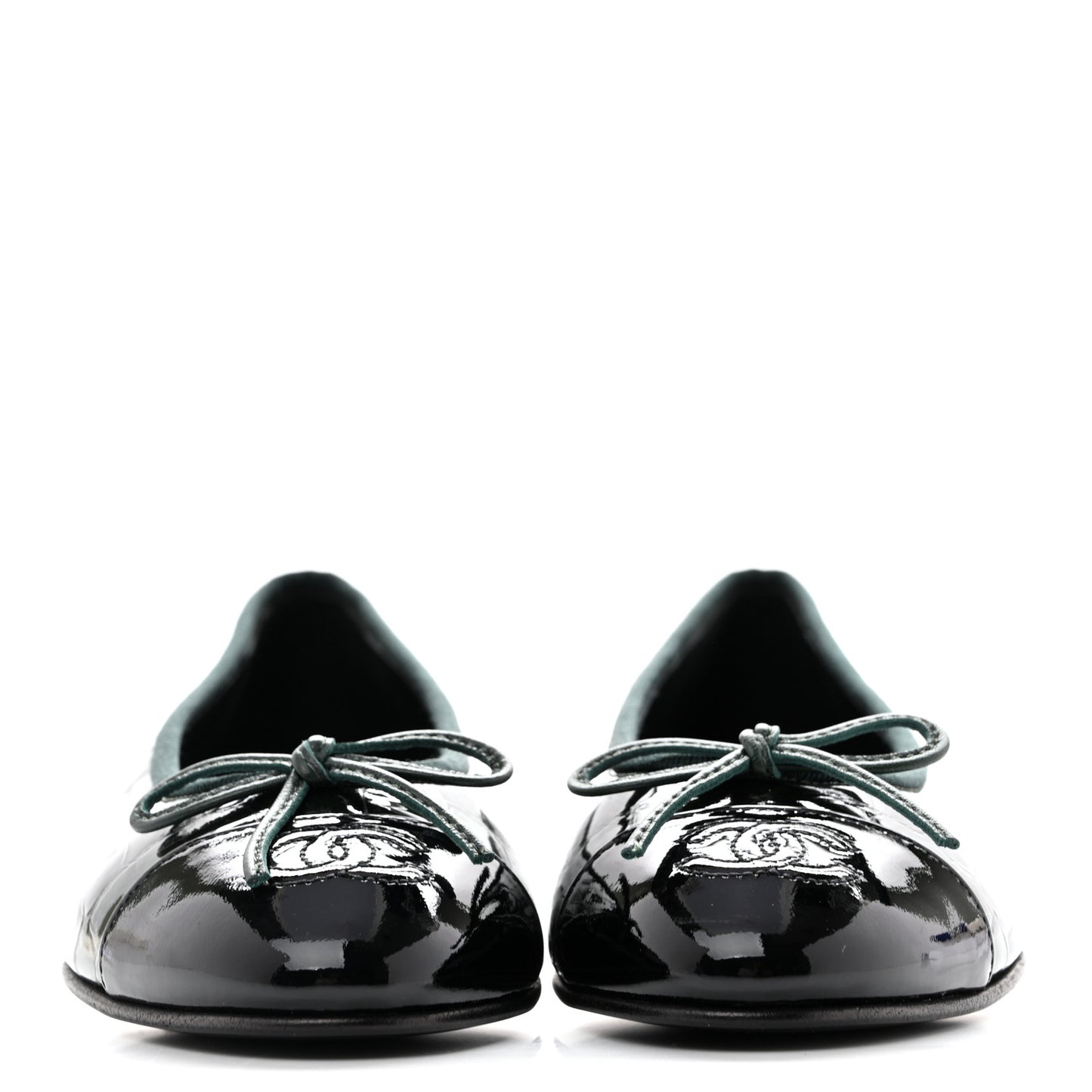 Crocodile Embossed Patent Calfskin Cap Toe CC Ballerina Flats 35.5 Dark Green Black