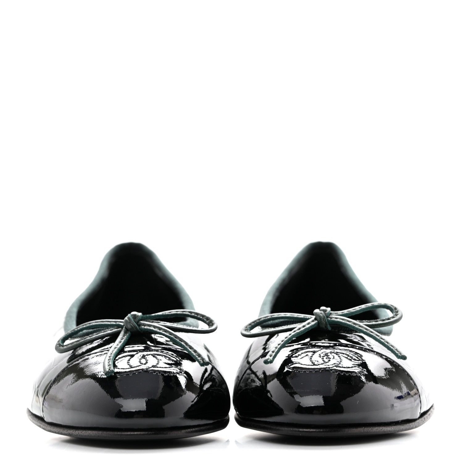 Chanel Crocodile Embossed Patent Calfskin Cap Toe CC Ballerina Flats 35.5 Dark Green Black 3 of 11