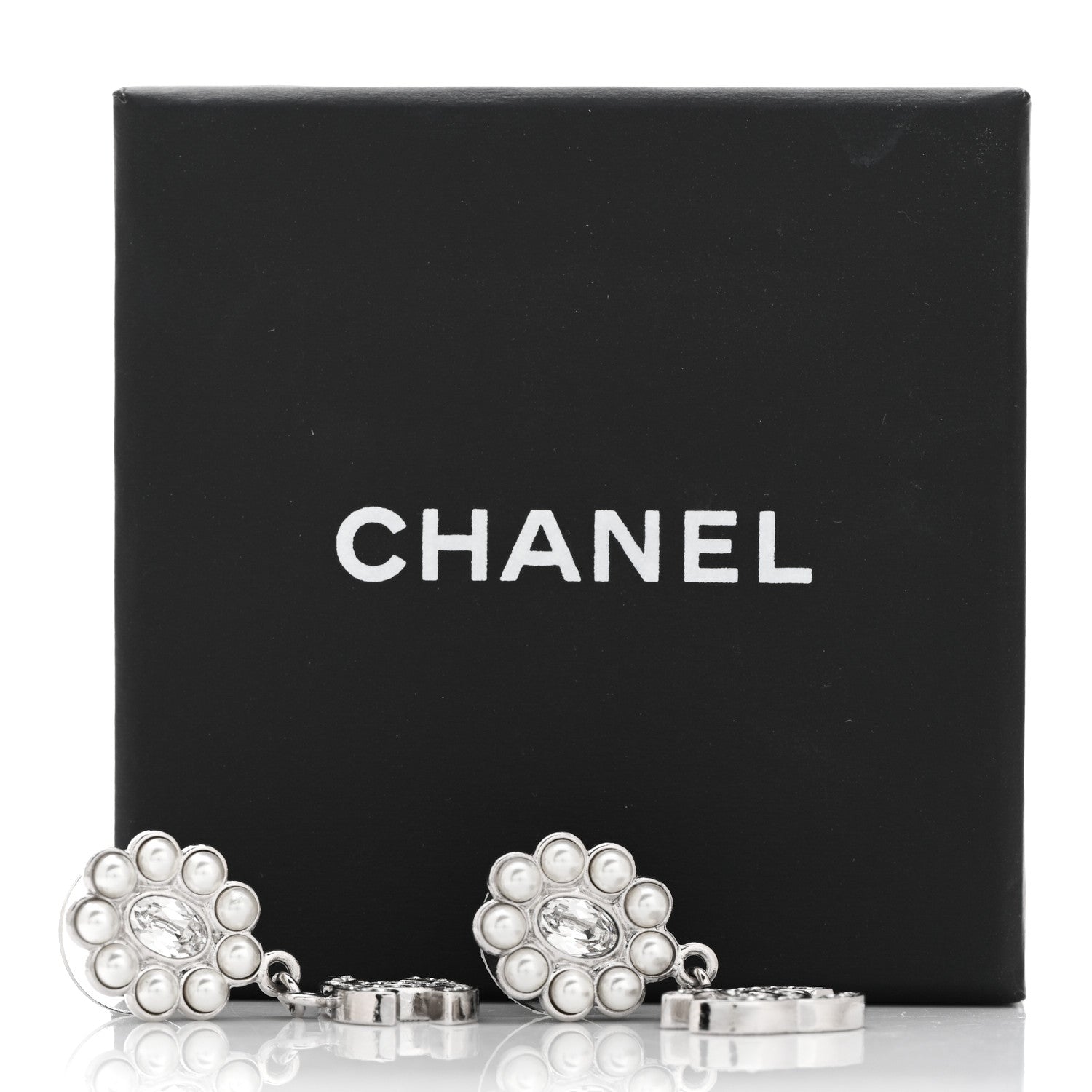 Chanel Crystal Pearl CC Drop Earrings Silver 5 of 5
