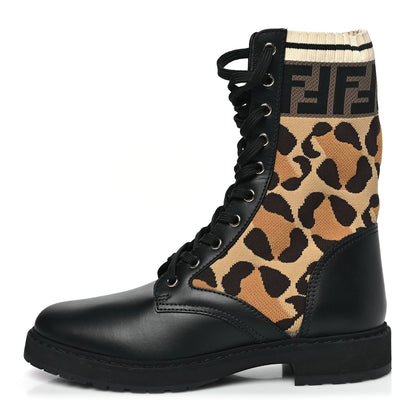 Fendi Calfskin Stretch Fabric FF Leopard Rockoko Biker Boots 39.5 Black 1 of 8