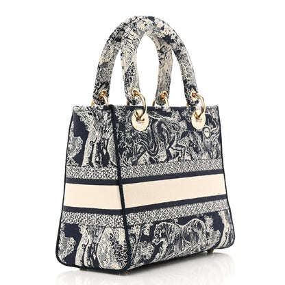 Christian Dior Canvas Toile De Jouy Reverse Embroidered Medium Lady D-Lite Navy 3 of 9