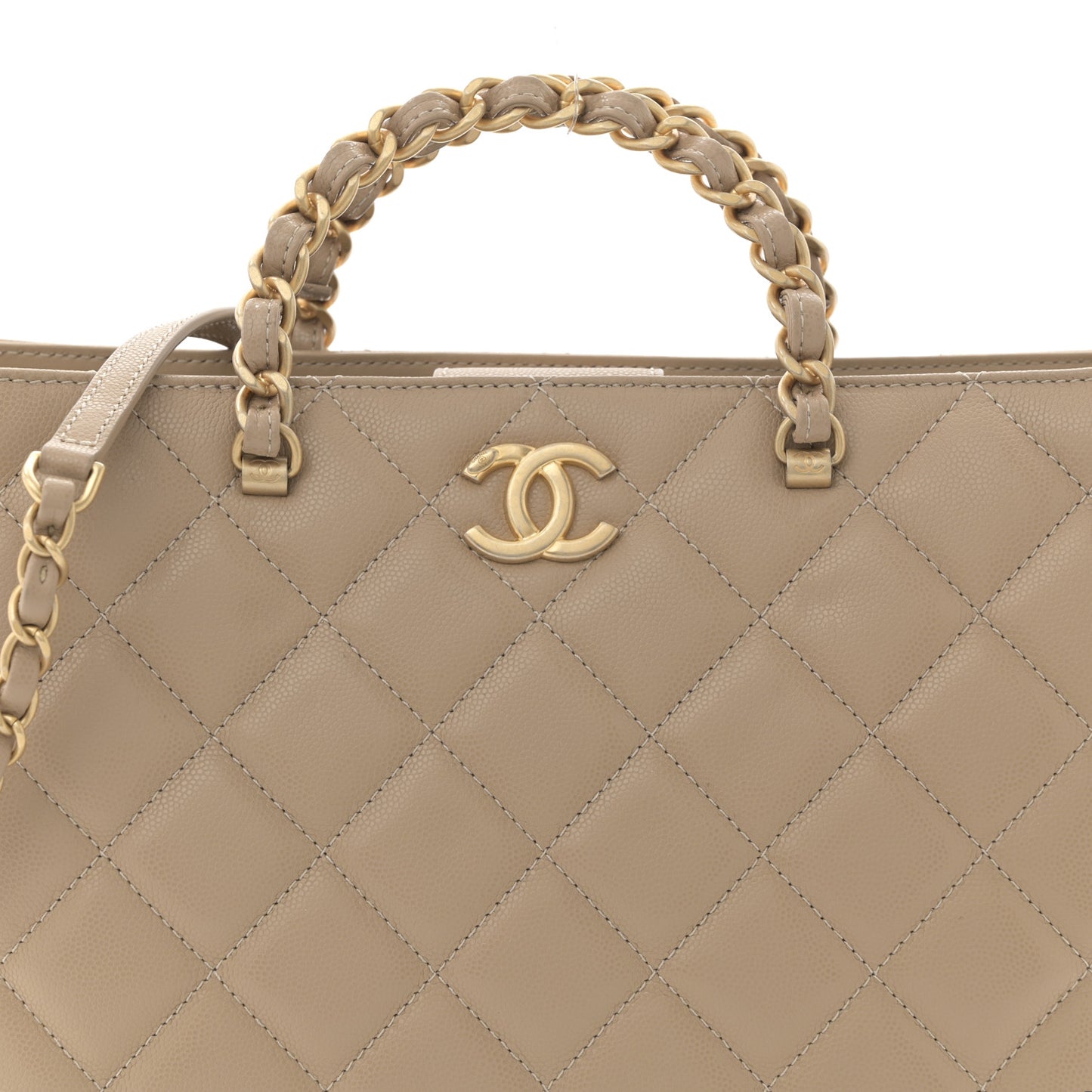 Shiny Caviar Quilted Chain Handle Shopping Tote Beige