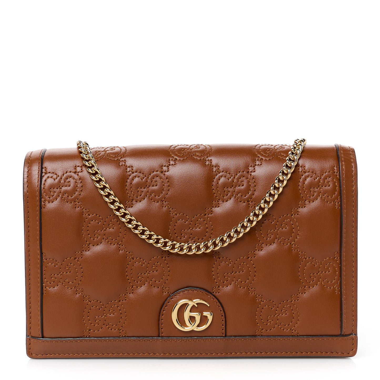 Calfskin GG Matelasse Chain Wallet Peanut Brown