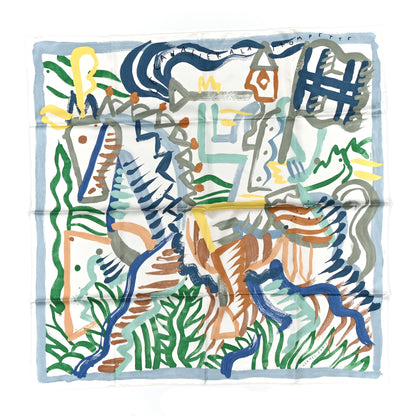 Hermes Silk Twill Le Cavalier a la Trompette Scarf 90 White Vert Bleu 1 of 5