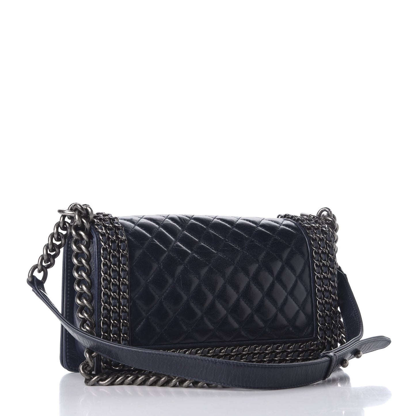 Glazed Calfskin Quilted Medium Boy Chained Flap Blue