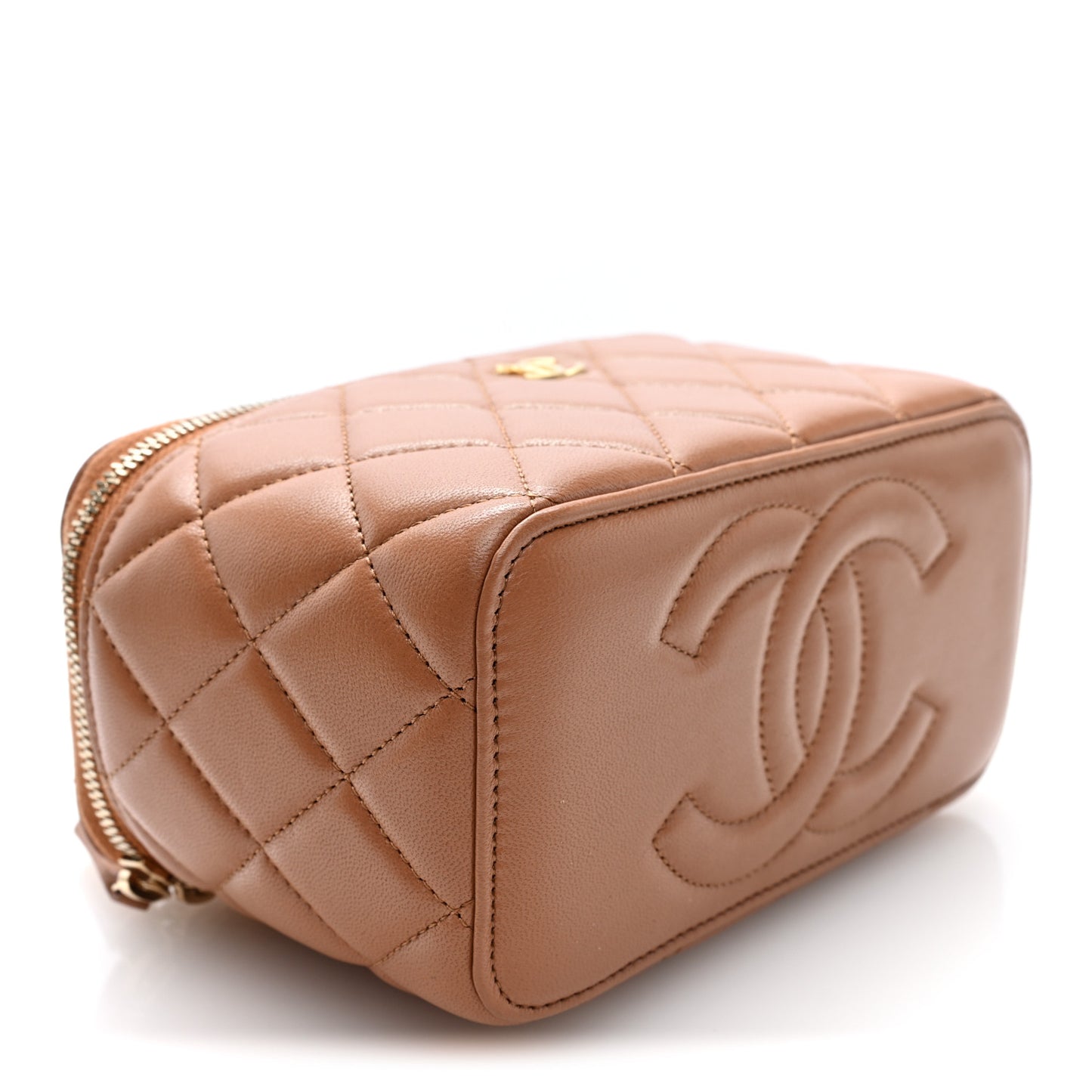 Lambskin Quilted Pearl Crush Small Vanity Case With Chain Beige