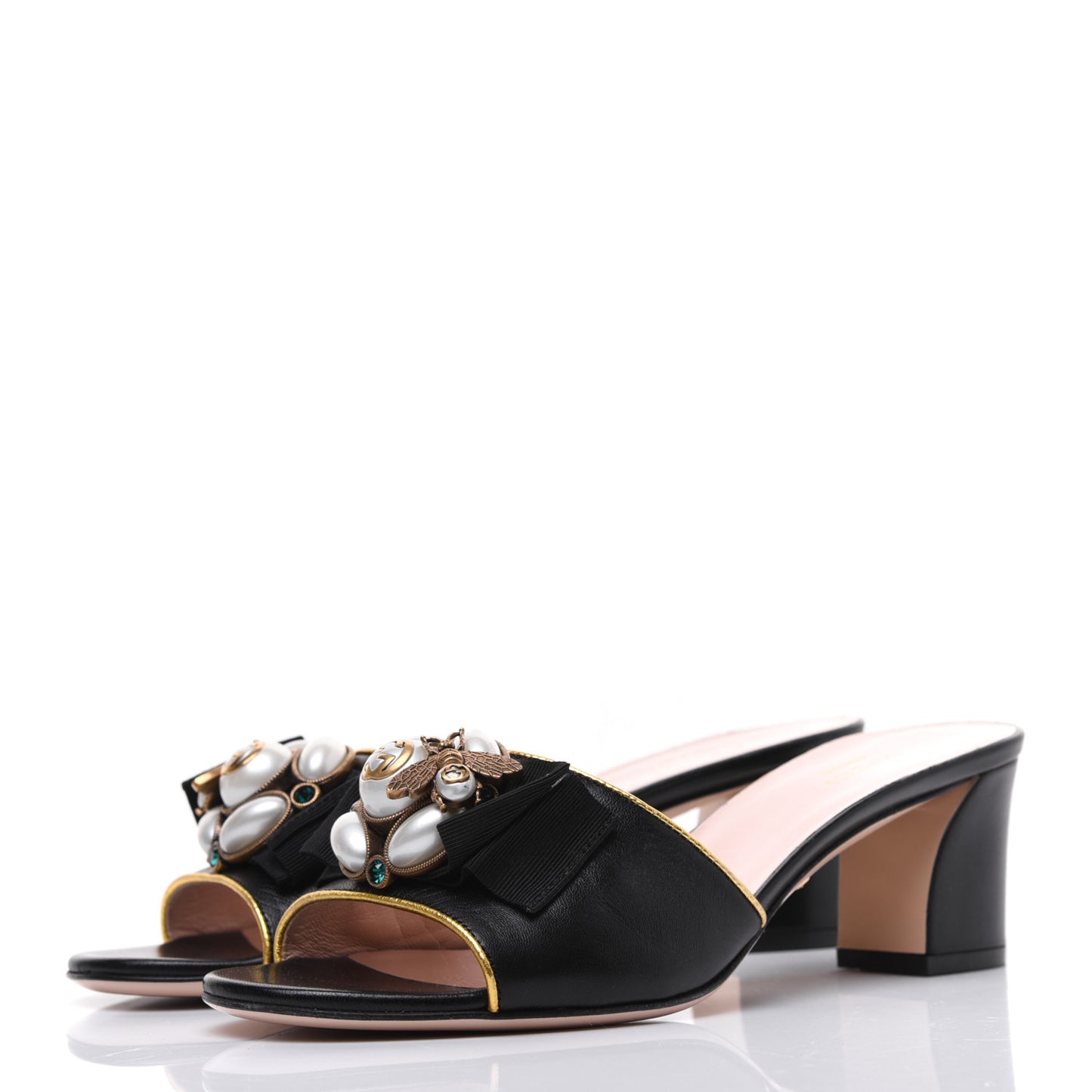 Nappa Silk Pearl Bee Embellished Mid Heel Slide Sandals 38.5 Black