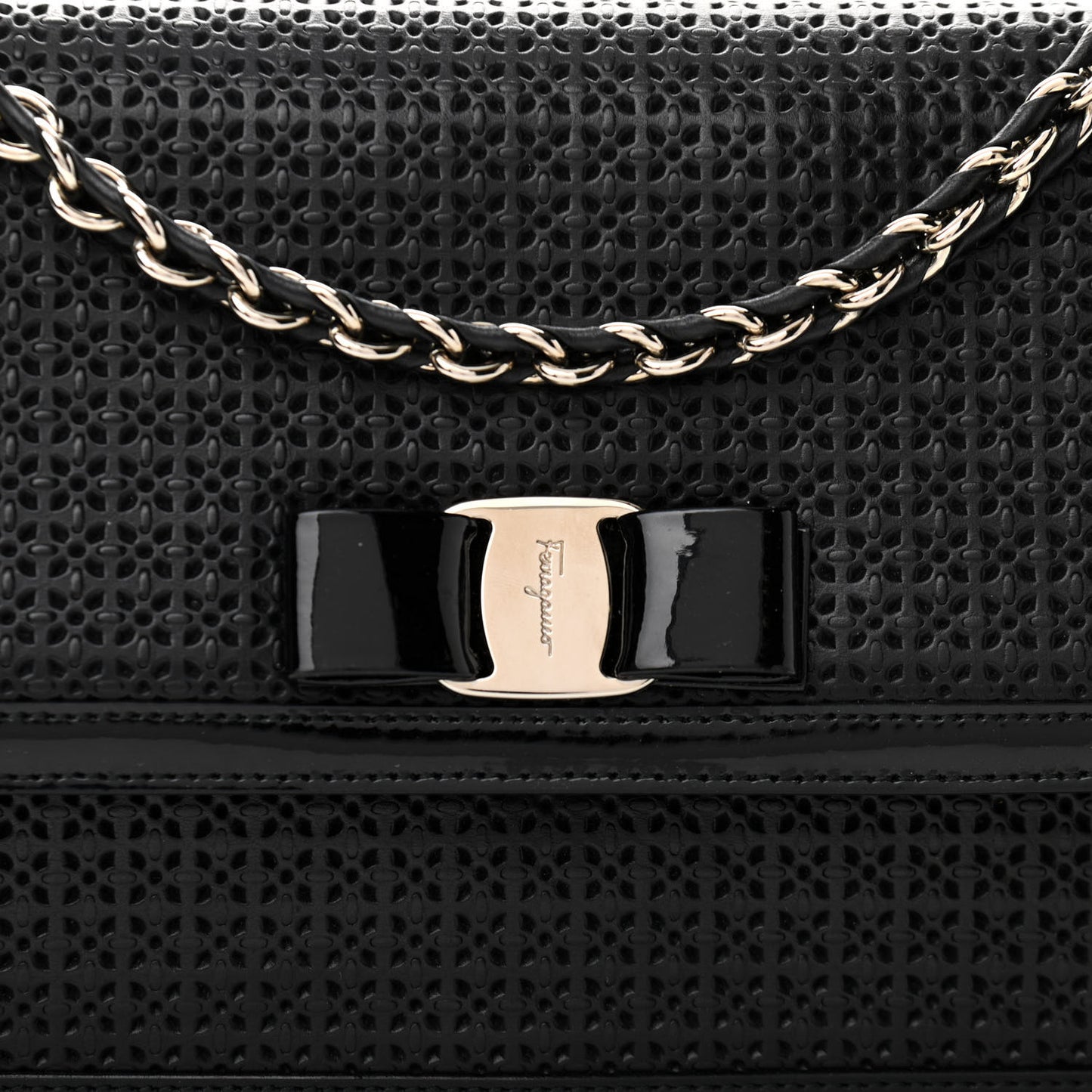 Perforated Calfskin Patent Ginny Bow Crossbody Bag Black