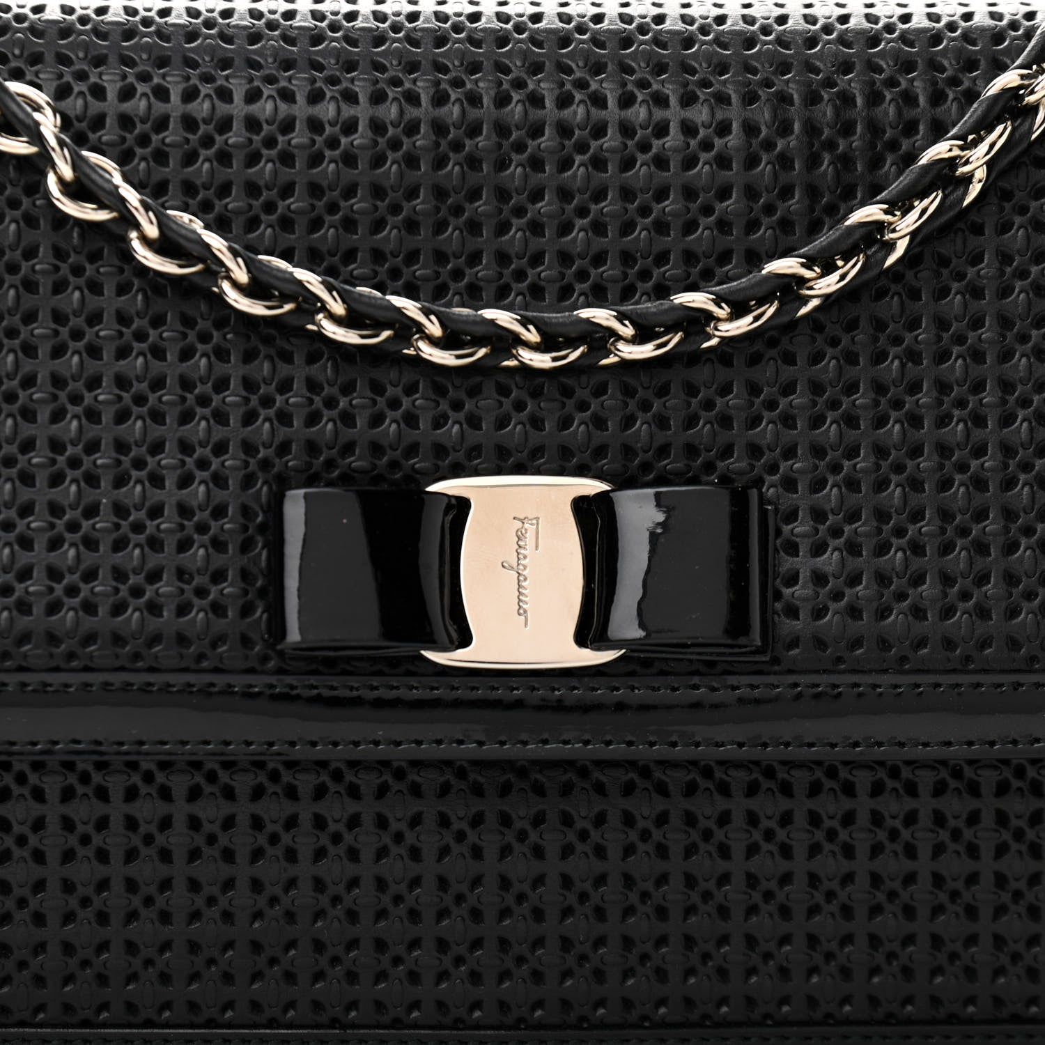 Salvatore Ferragamo Perforated Calfskin Patent Ginny Bow Crossbody Bag Black 8 of 15