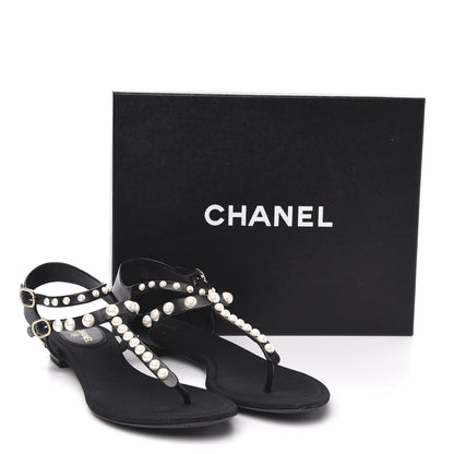 Chanel Lambskin Pearl Thong Sandals 40 Black 8 of 8