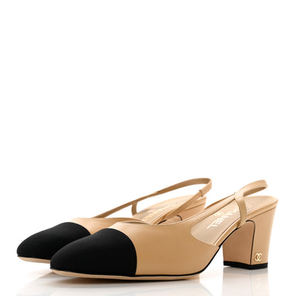 Chanel Goatskin Grosgrain Cap Toe CC Slingback Pumps 41 Beige Black 3 of 12