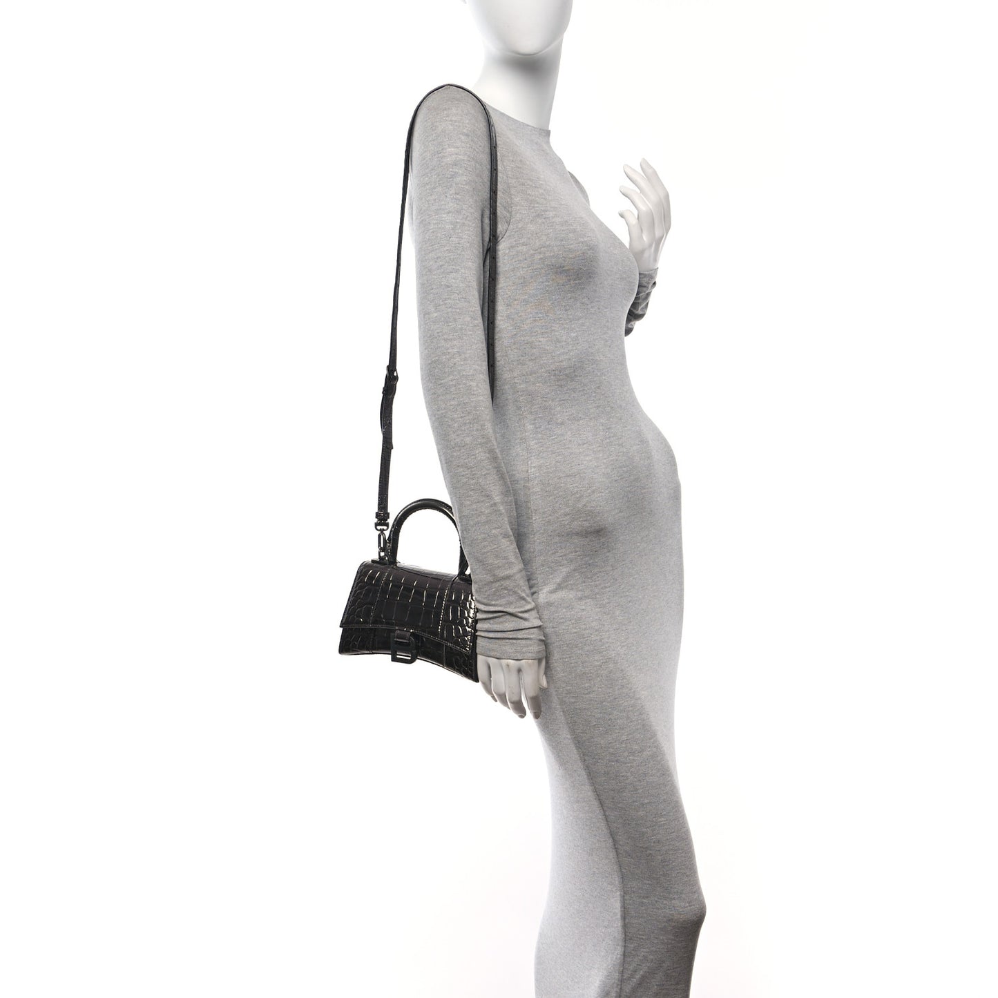 Metallic Shiny Calfskin Crocodile Embossed Hourglass Top Handle Bag XS Gunmetal