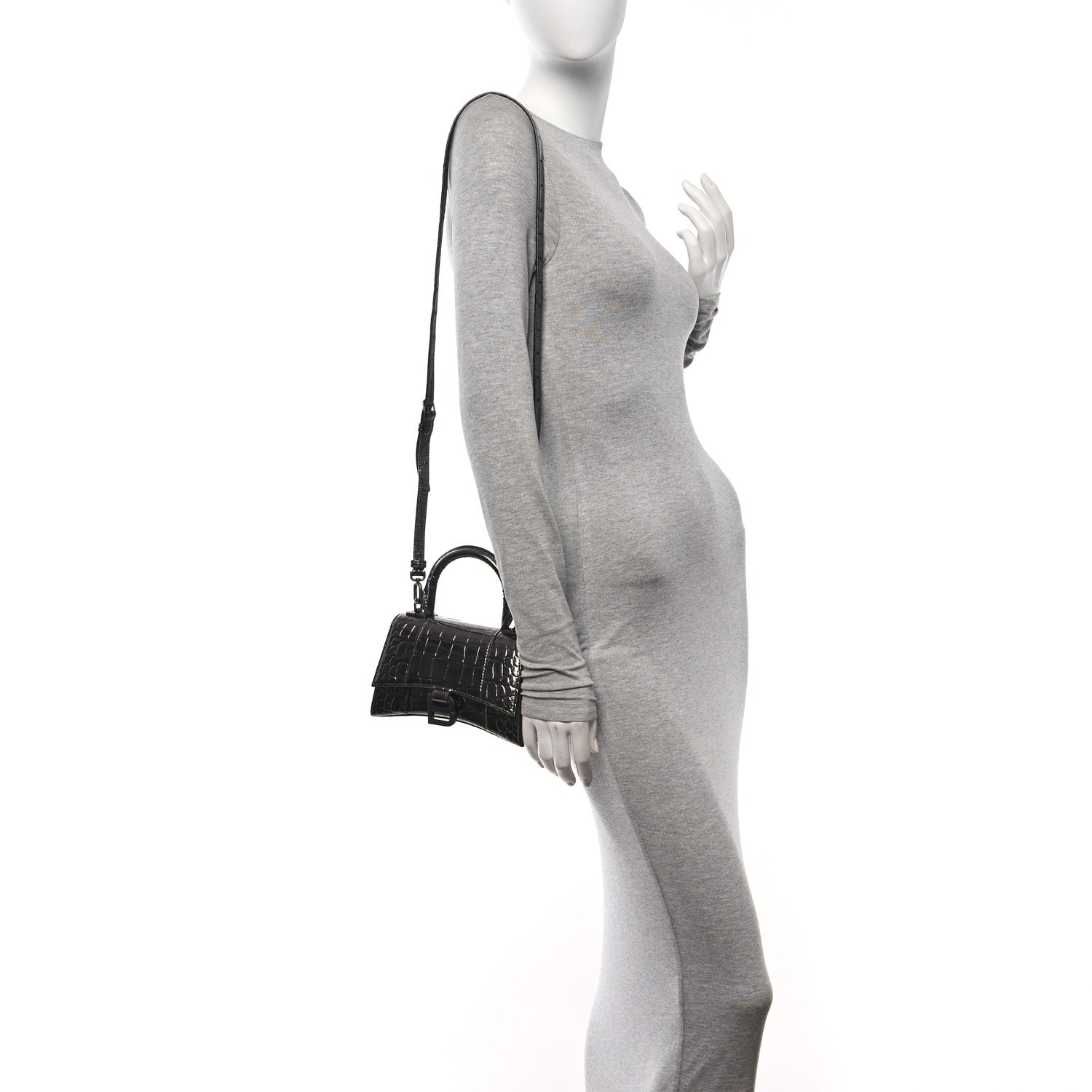 Balenciaga Metallic Shiny Calfskin Crocodile Embossed Hourglass Top Handle Bag XS Gunmetal 2 of 10