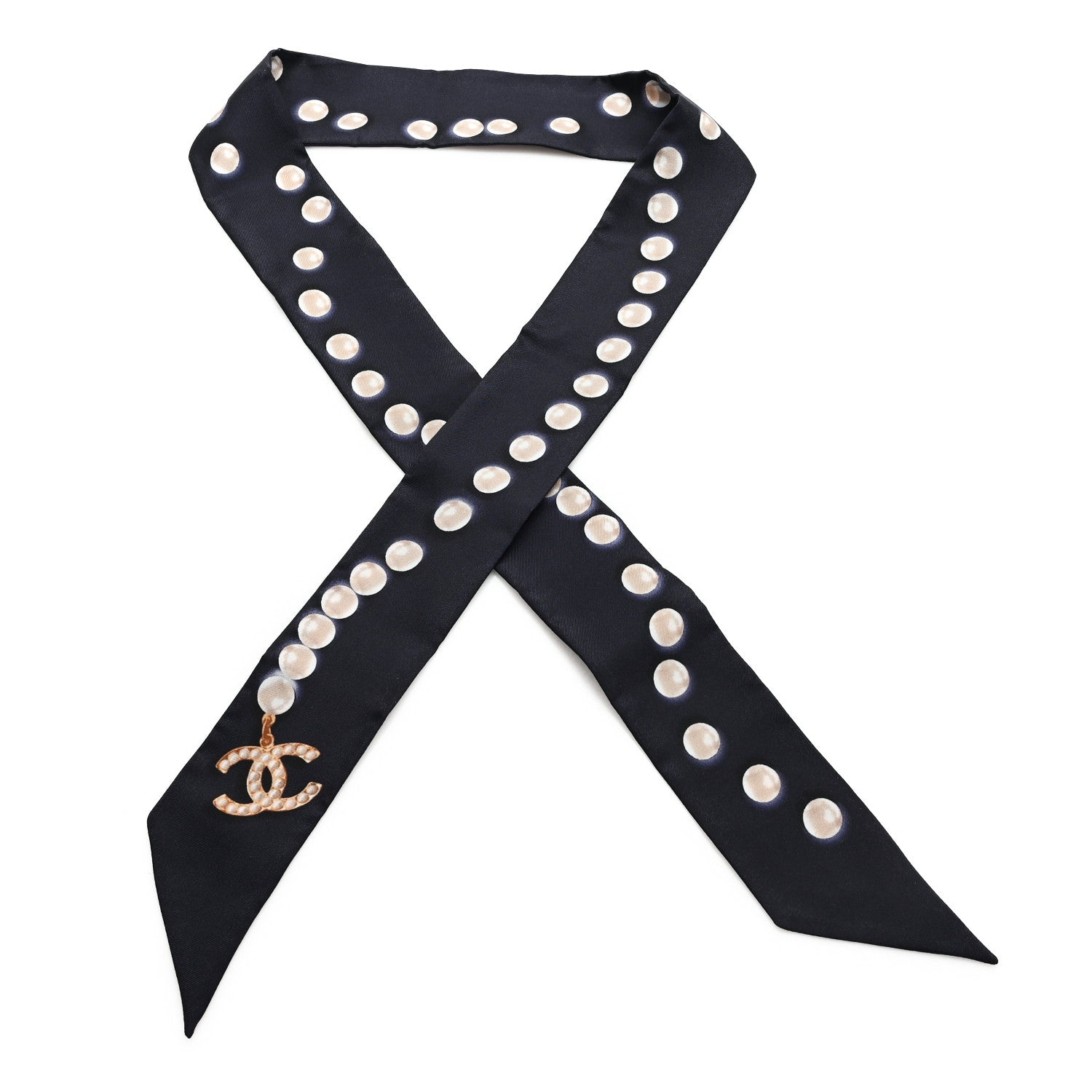Chanel Silk Pearl CC Slim Bandeau Scarf Dark Navy 1 of 3