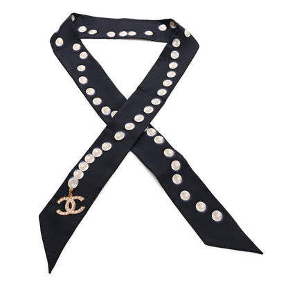 Chanel Silk Pearl CC Slim Bandeau Scarf Dark Navy 1 of 3