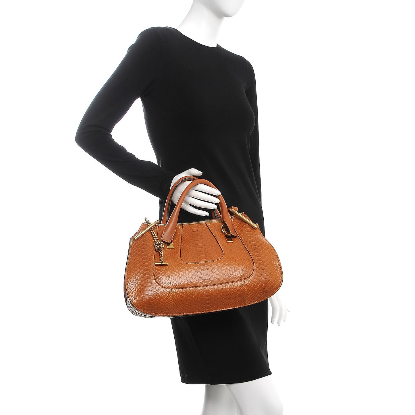 Python Calfskin Small Hayley Double Carry Satchel Caramel