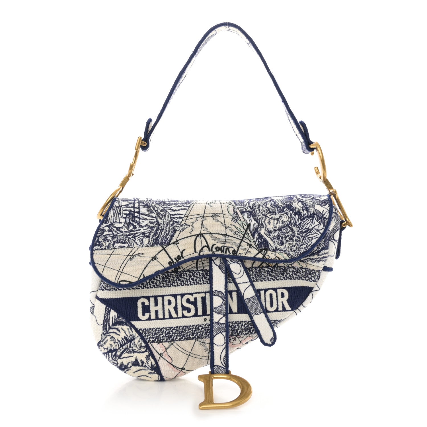 Christian Dior Canvas Embroidered Around the World Saddle Bag Blue 1 of 11