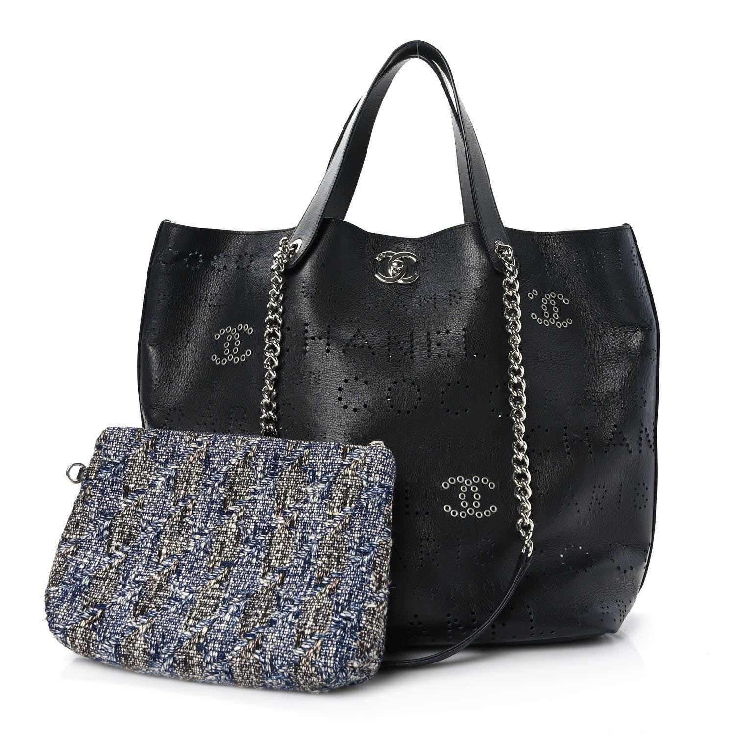 Chanel Calfskin Tweed Small Logo Eyelets Shopping Tote Black 1 of 12