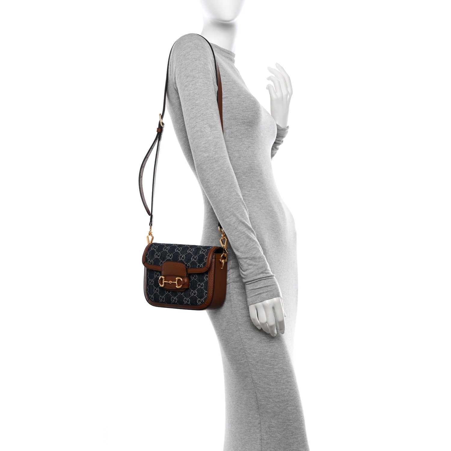 Gucci New Denim GG Monogram Dollar Calfskin Web Mini Horsebit 1955 Shoulder Bag Blue Tea Cuir Epilog 2 of 13
