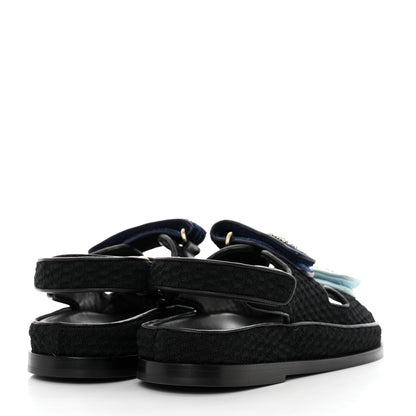 Chanel Knit Fabric Velcro Dad Sandals 38 Black Dark Blue Light Blue 4 of 9
