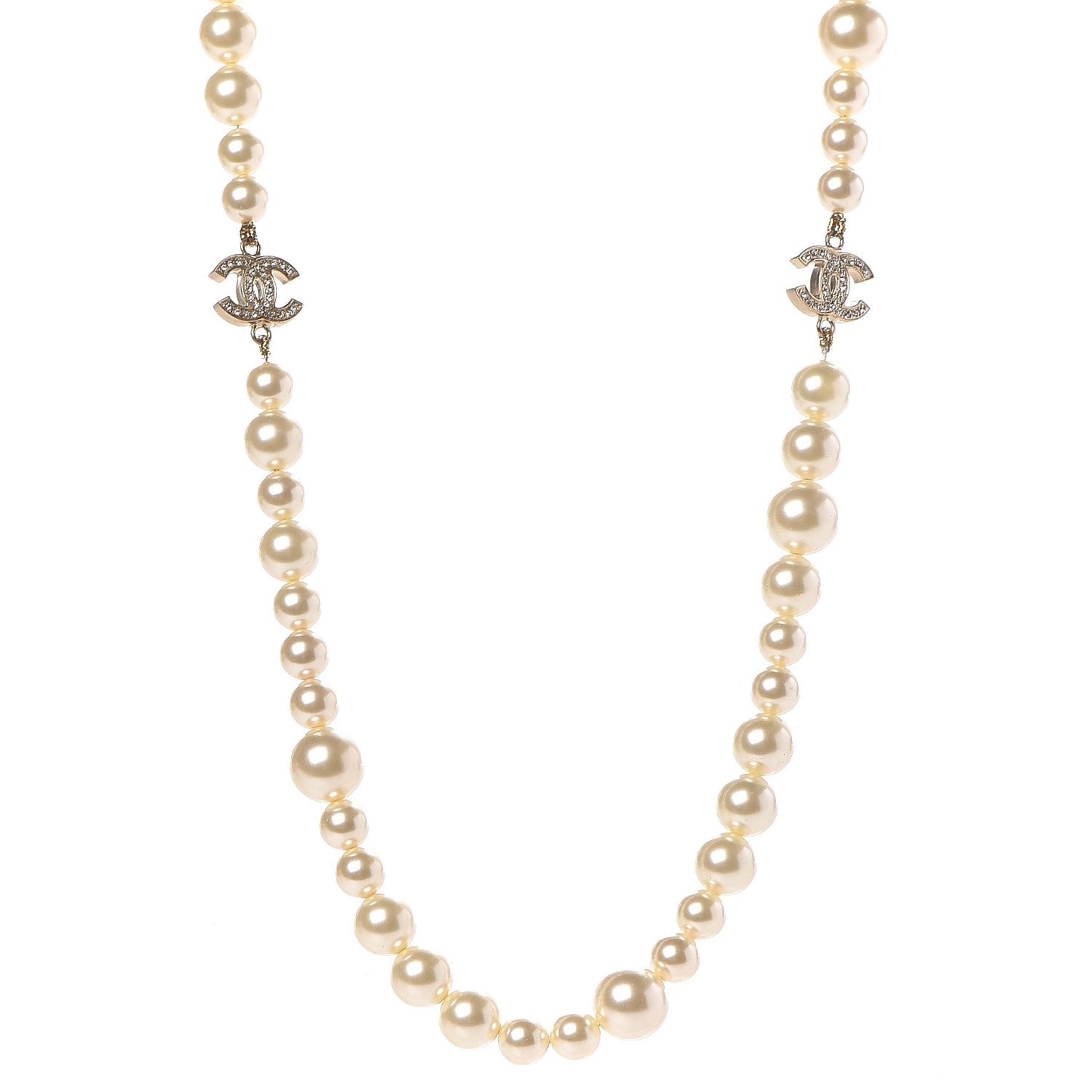 Graduated Pearl Crystal CC Long Necklace Light Gold