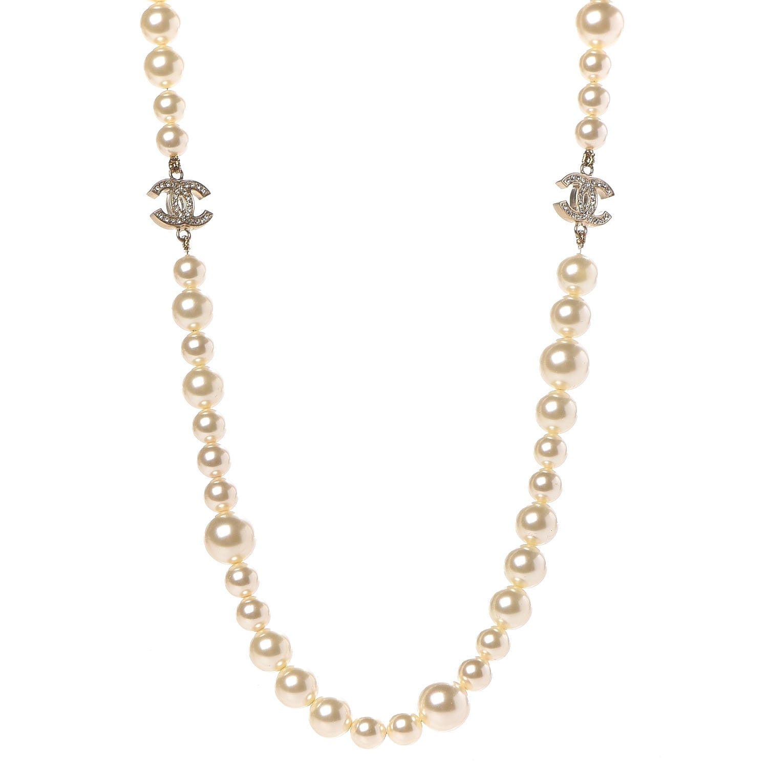 Chanel Graduated Pearl Crystal CC Long Necklace Light Gold 1 of 5