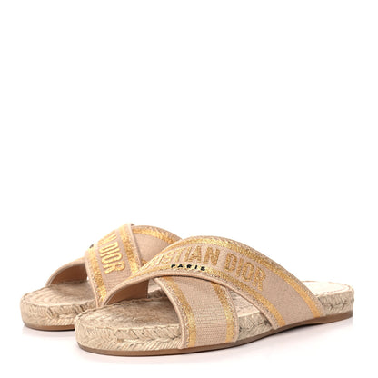 Christian Dior Canvas Embroidered Granville Espadrille Crisscross Flat Slide Sandals 36 Gold 3 of 9