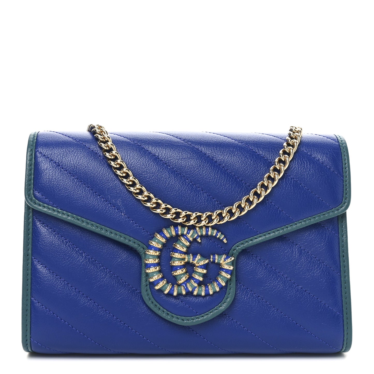 Azalea Calfskin Enamel Matelasse Diagonal Torchon GG Marmont Chain Wallet Imperial Blue Pavone