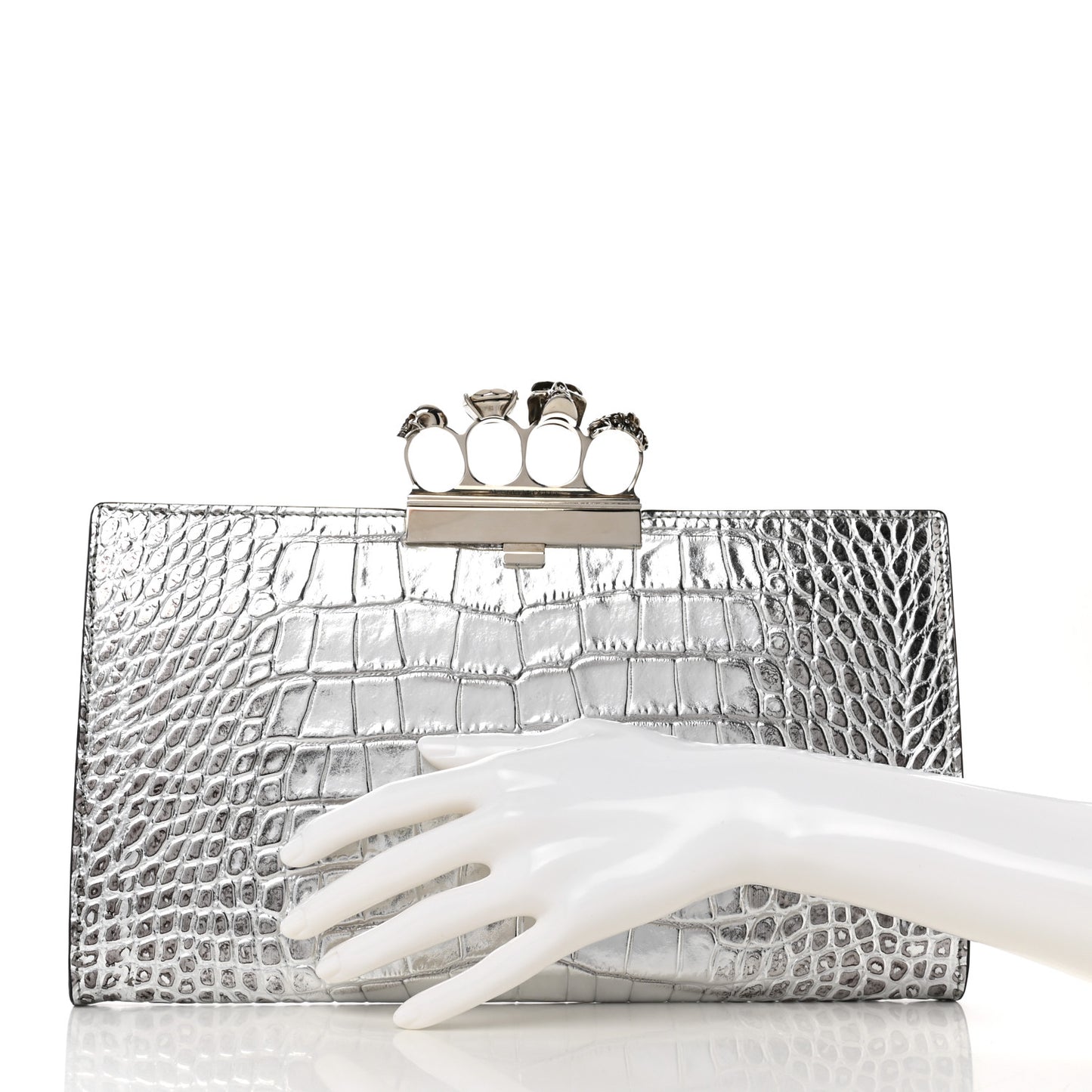 Metallic Calfskin Crocodile Embossed Four Ring Flat Pouch Bag Silver