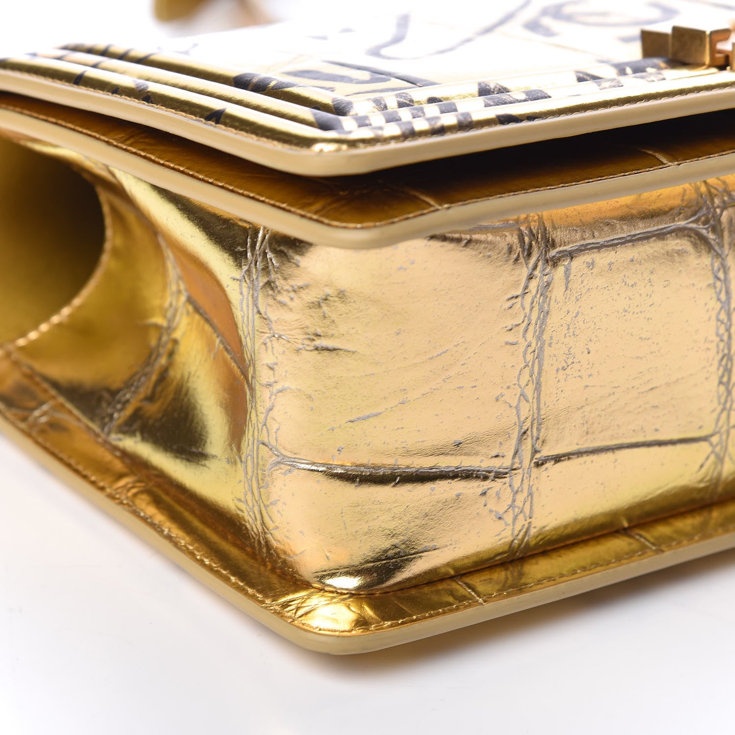 Chanel Metallic Calfskin Crocodile Embossed Graffiti Medium Cocodile Boy Flap Gold 11 of 13
