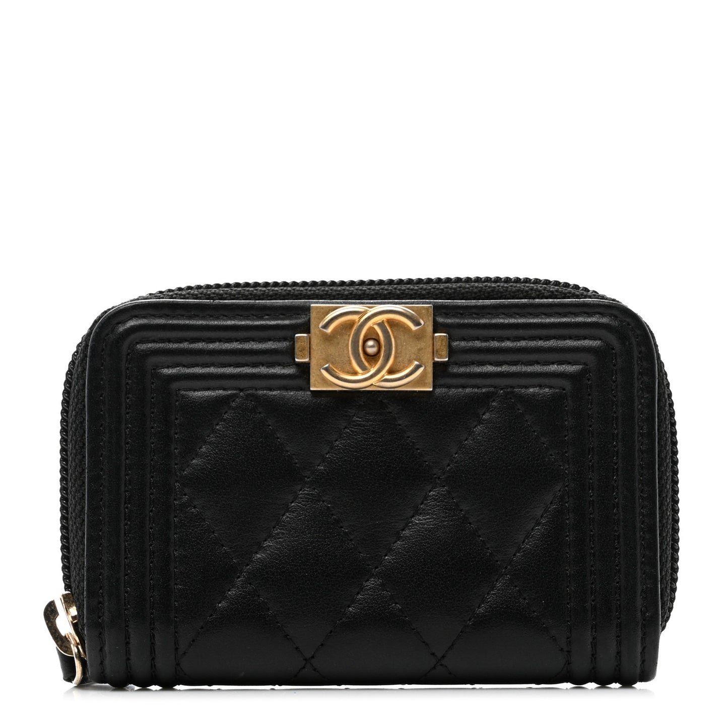 Lambskin Quilted Zip Around Boy Coin Purse Wallet Black