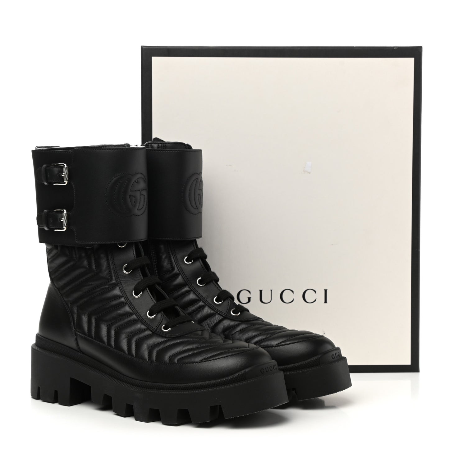 Nappa Frances GG Matelasse Platform Combat Boots 39 Black