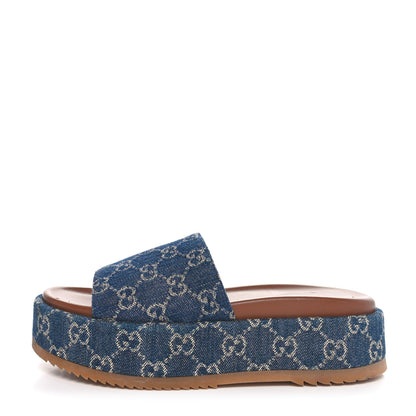 Gucci New Denim GG Monogram Angelina Platform 55mm Slide Sandals 38 Blue Tea 1 of 8