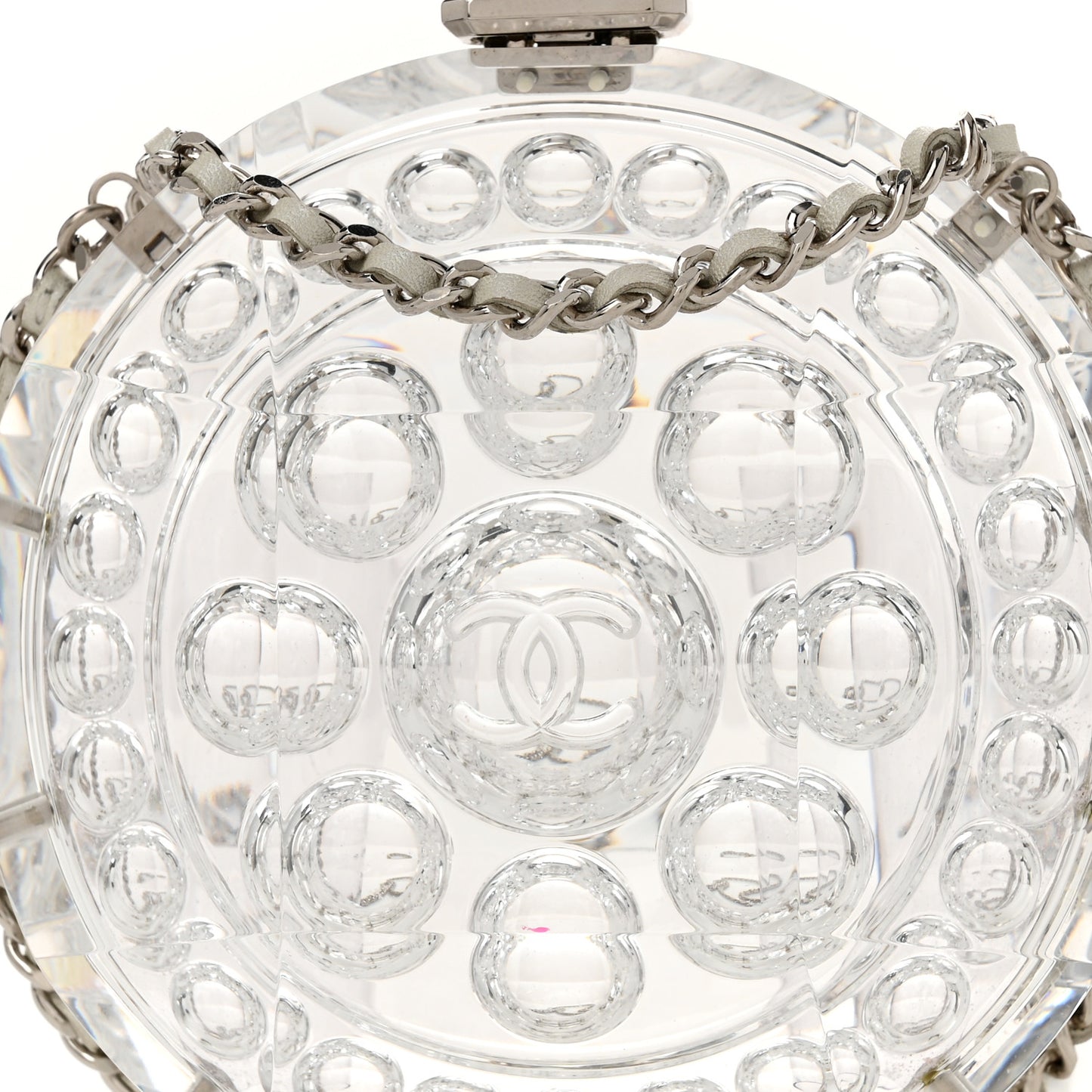 Transparent Lucite Round CC Minaudiere Clutch White
