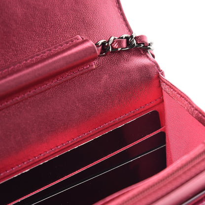 Chanel Metallic Patent Calfskin Quilted Boy Wallet On Chain WOC Fuchsia 12 of 13