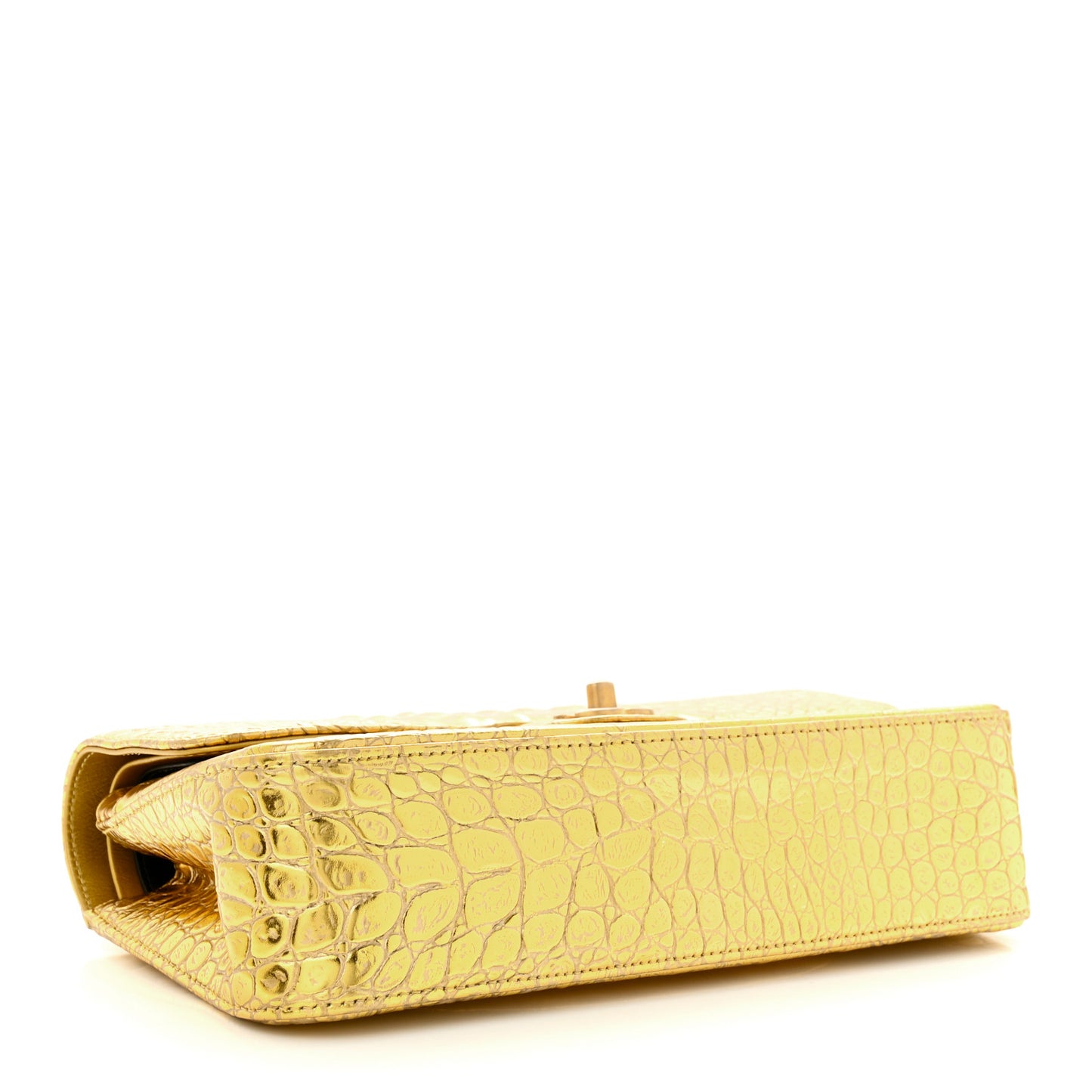 Metallic Calfskin Crocodile Embossed Cocodile Medium Double Flap Gold