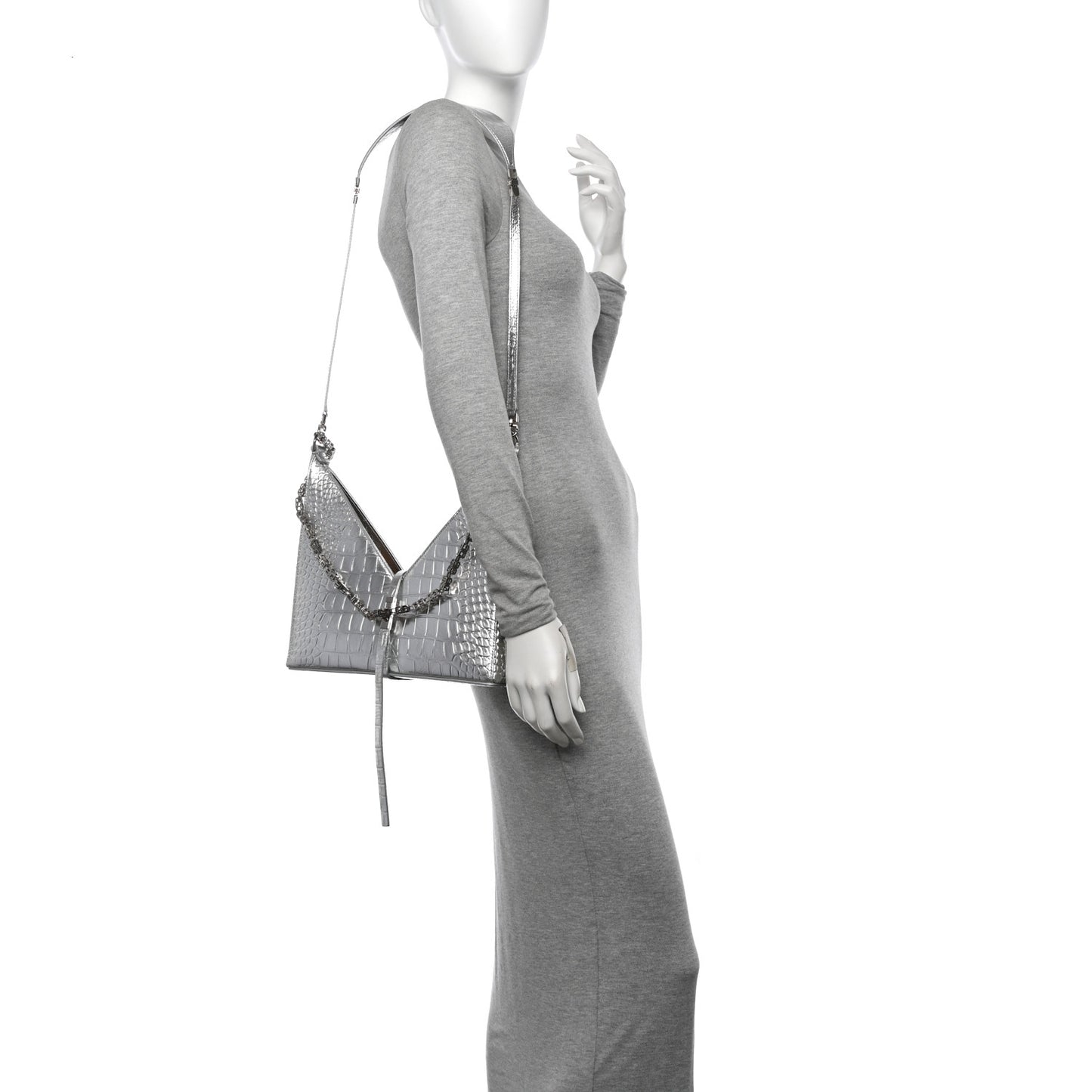 Metallic Calfskin Croc Embossed Small Cut Out Shoulder Bag Silver