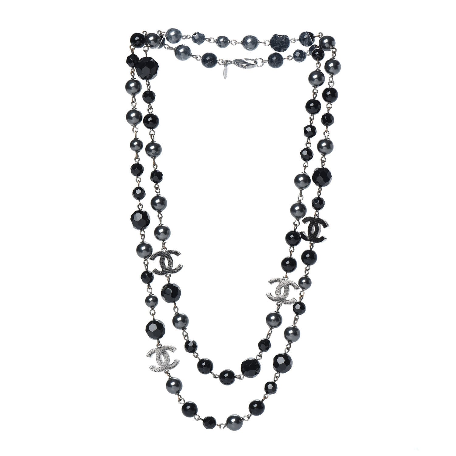 Chanel Pearl Beaded CC Long Necklace Silver Black 2 of 5