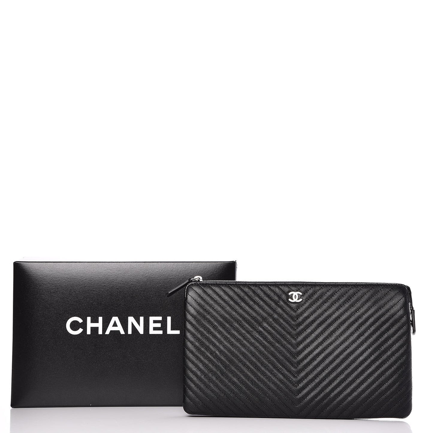 Caviar Chevron Quilted Large Zipped Clutch Black