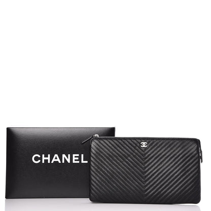Chanel Caviar Chevron Quilted Large Zipped Clutch Black 9 of 9