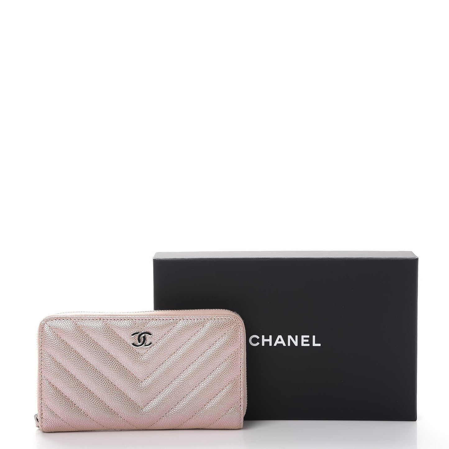 Metallic Caviar Chevron Quilted Small Zip Around Wallet Light Gold
