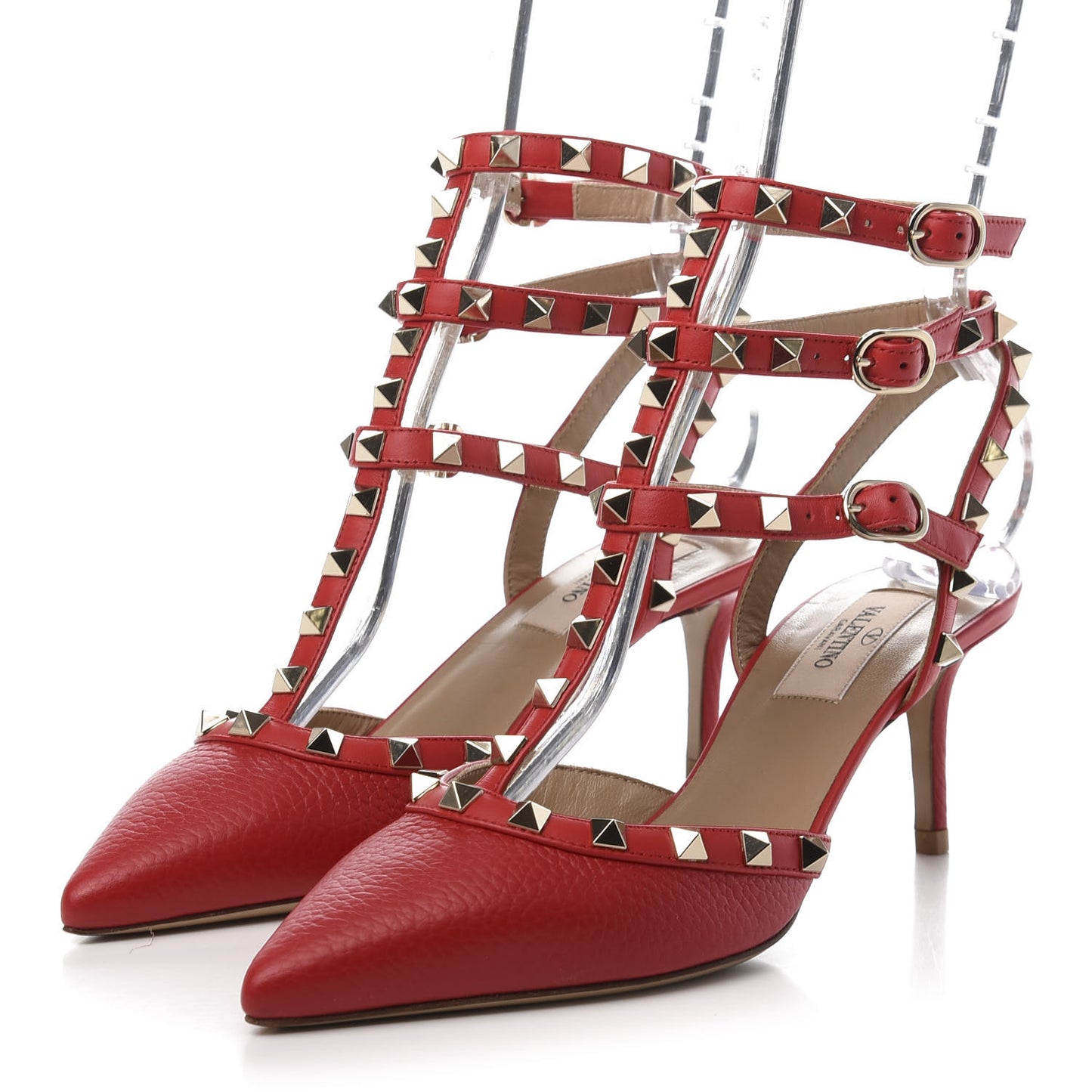 Pebbled Calfskin Rockstud Ankle Strap Low Heel Pumps 37 Rosso