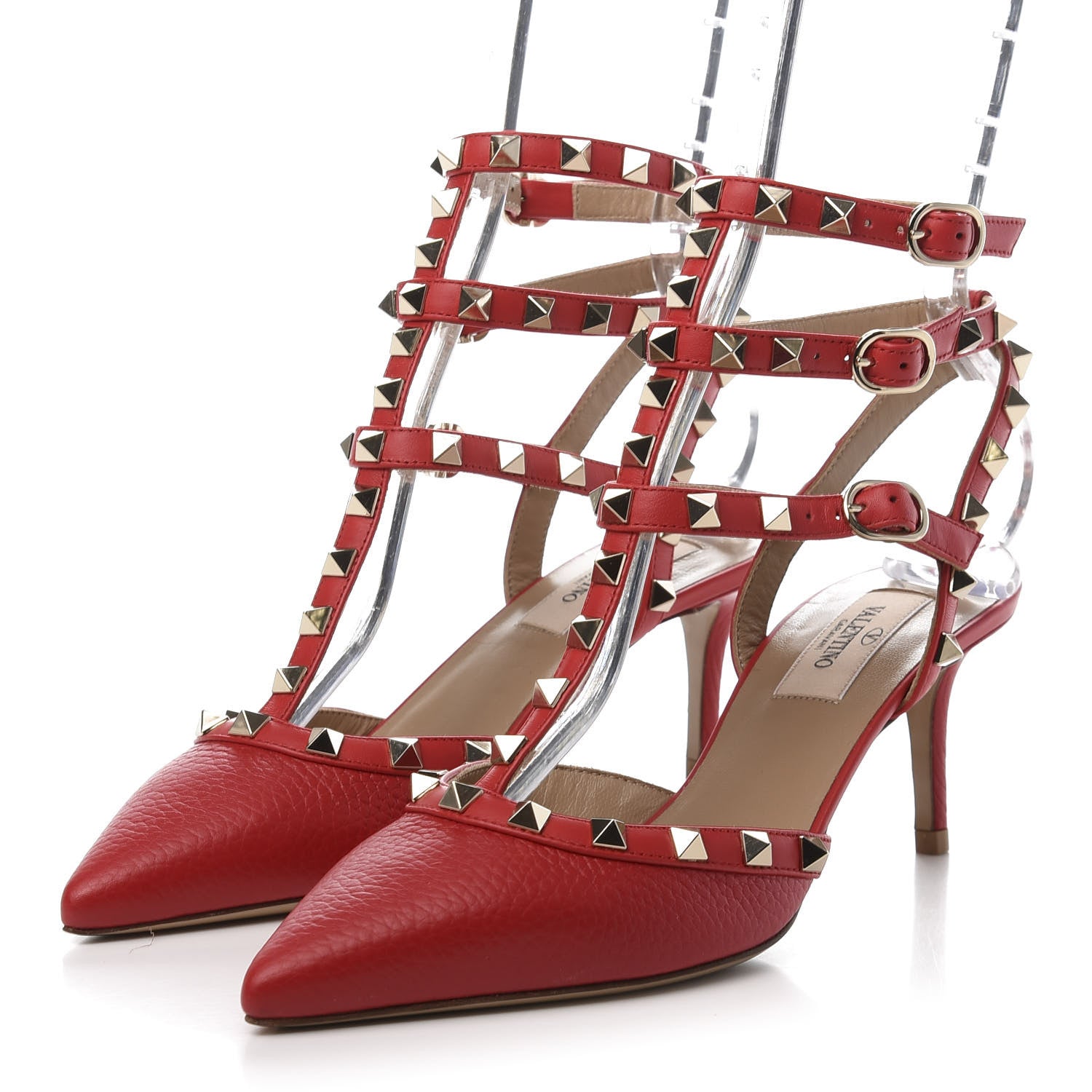 Valentino Garavani Pebbled Calfskin Rockstud Ankle Strap Low Heel Pumps 37 Rosso 3 of 9