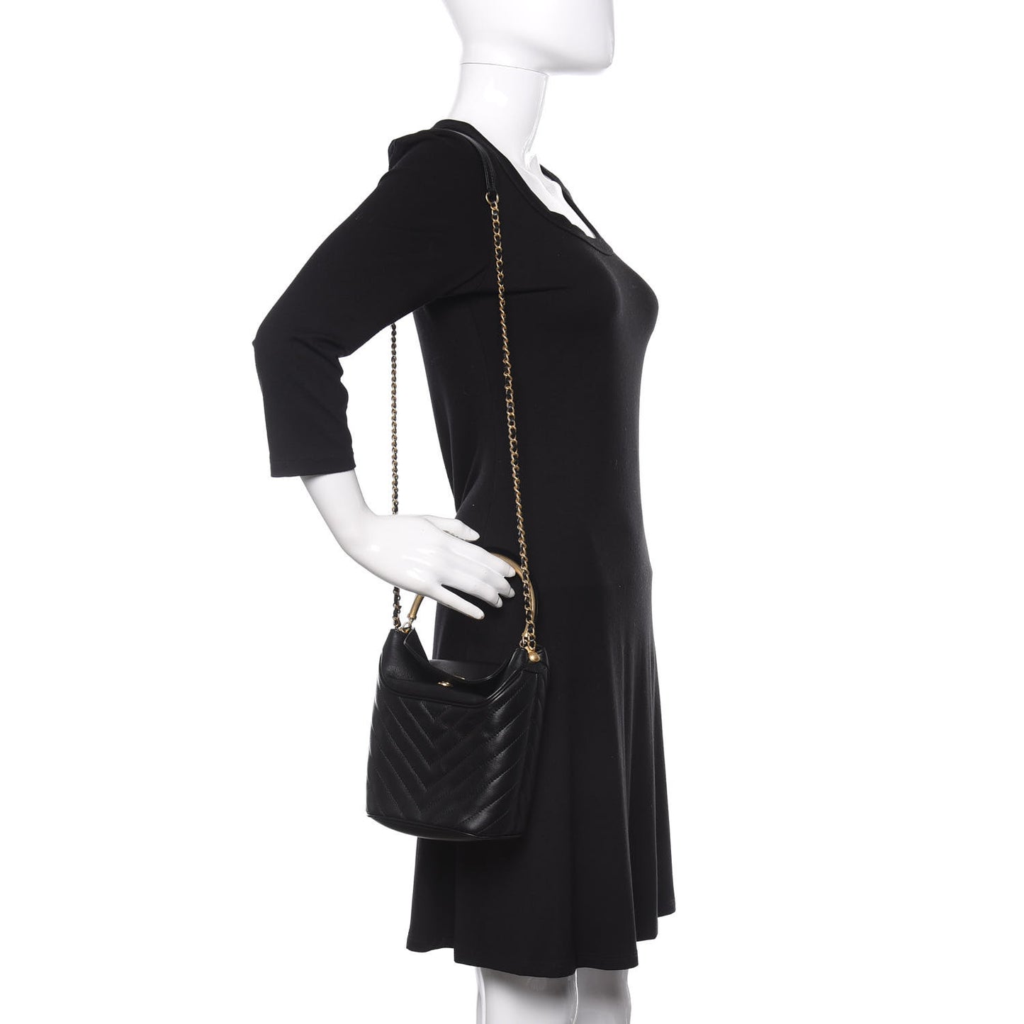 Lambskin Chevron Quilted Handle With Chic Bucket Bag Black